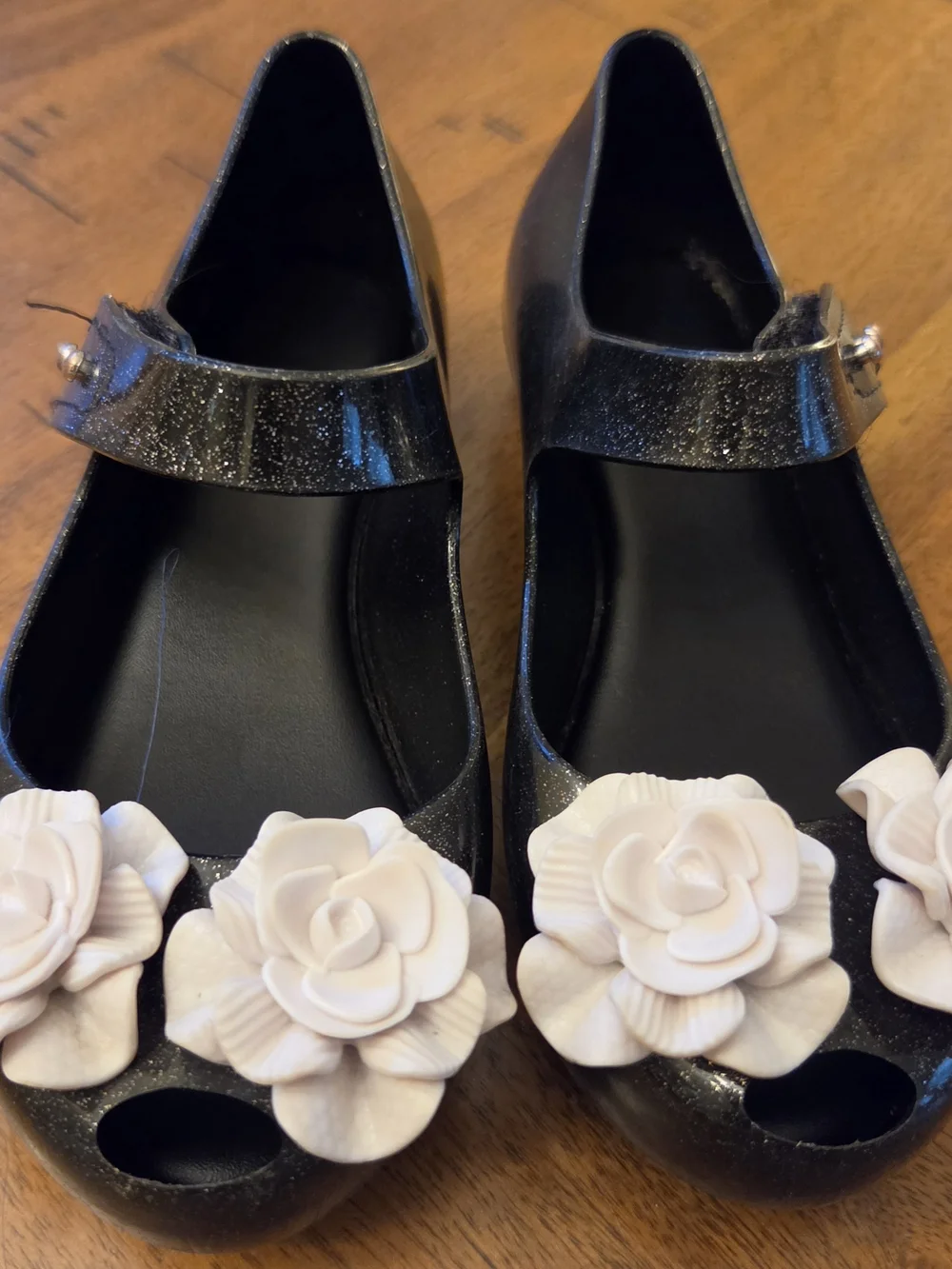 Mini Melissa Black Glitter Floral Rose Mary Jane Jelly Shoes Girls Size 13